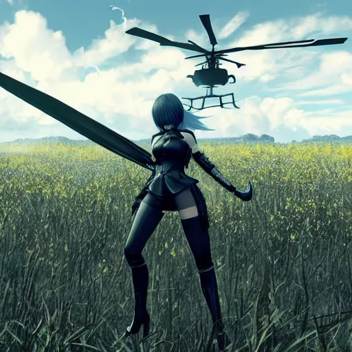 Image similar to a high resolution very detailed image of yorha android fighting a helicopter in nier : automata boss fight, in yellow rye field under blue sky