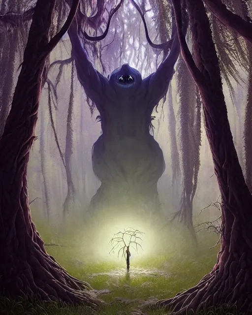 Image similar to highly detailed surreal vfx portrait of a cursed monster in a shadowy forest by a willow tree, stephen bliss, unreal engine, greg rutkowski, loish, rhads, beeple, makoto shinkai and lois van baarle, ilya kuvshinov, rossdraws, tom bagshaw, alphonse mucha, global illumination, detailed and intricate environment