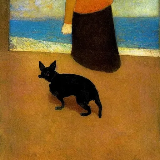 Image similar to a woman and her black and brown chihuahua looking out to sea by odilon redon