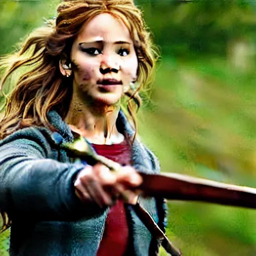 Image similar to jennifer lawrence as hermione granger with a wand in her hand before in combat