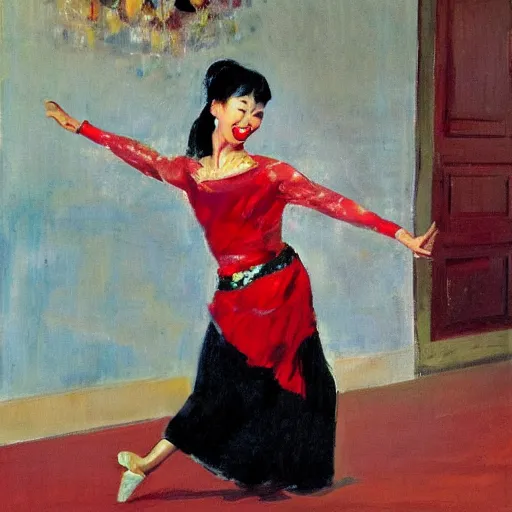 Prompt: a beautiful Asian woman dancing the Charleston on the living room carpet with joy, fair skin, red lips, black hair, oil painting, by Sherree Valentine Daines, 8k