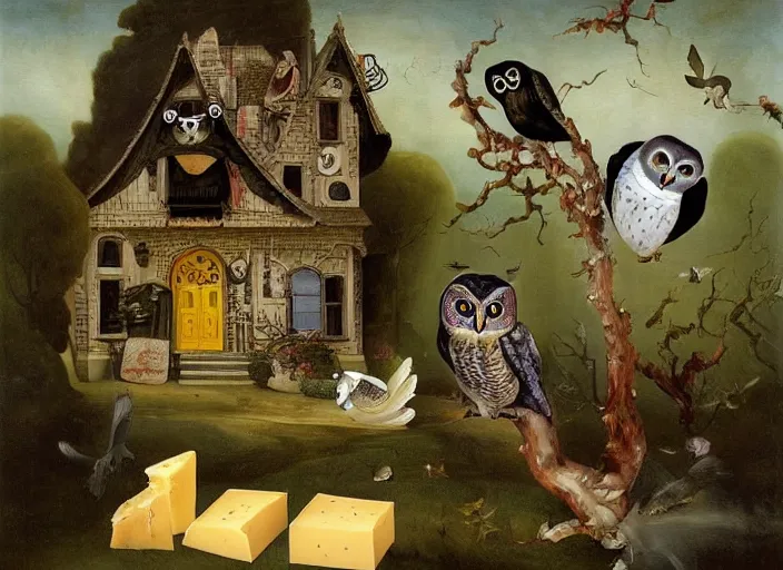 Image similar to a house with a tower, owl, birds, cheese, lowbrow in the style of mark ryden and francisco de goya,