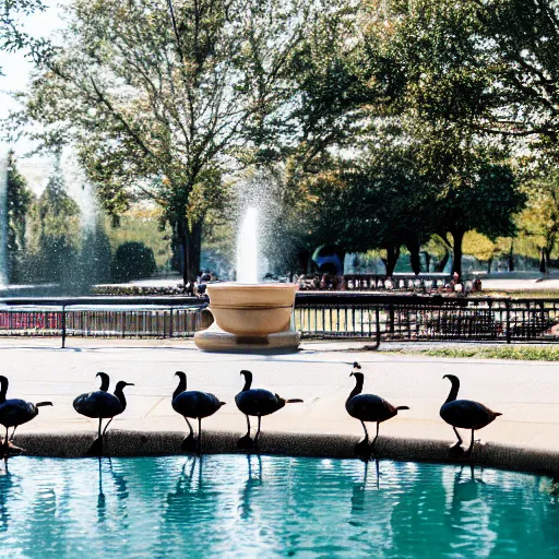 Image similar to a group of geese by a park fountain, 50mm Sigma lens, shot on a Sony A7siii