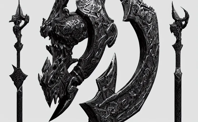 Image similar to a black and silver sword skull crest, orthographic, ornament, weapon, a 2 d render by dom qwek, front side, concept art, trending on polycount, artstation, hard surface modeling, rendered in maya, zbrush, hd, vray, blizzard, symmetry