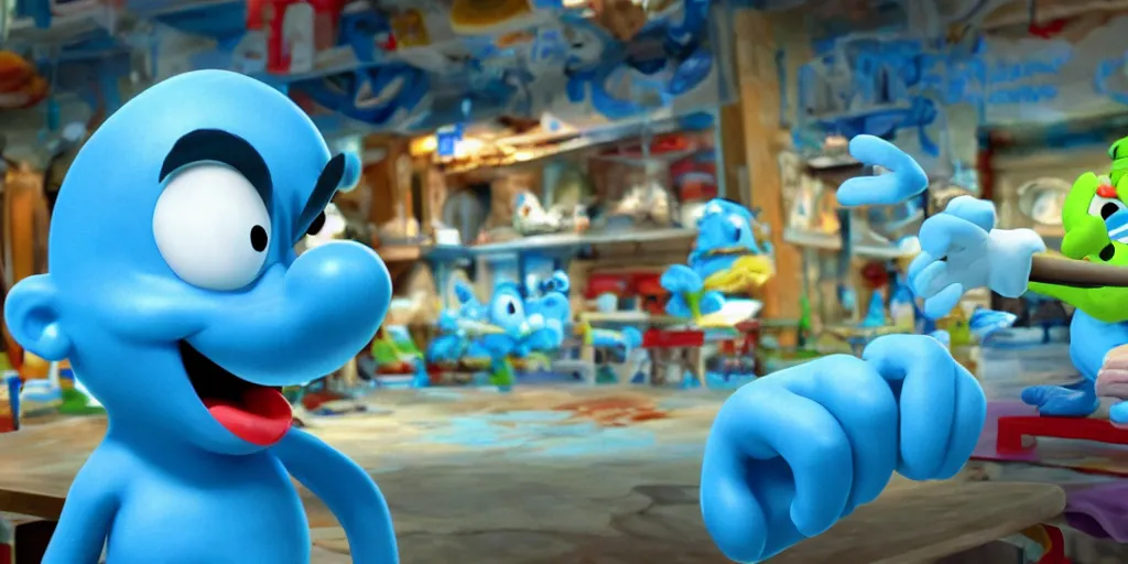 Image similar to still frame from the video game smurf spaghetti, award - winning, stunningly realistic, volumetric lighting, coherent, no artifacts, cinematic, atmospheric, studio quality