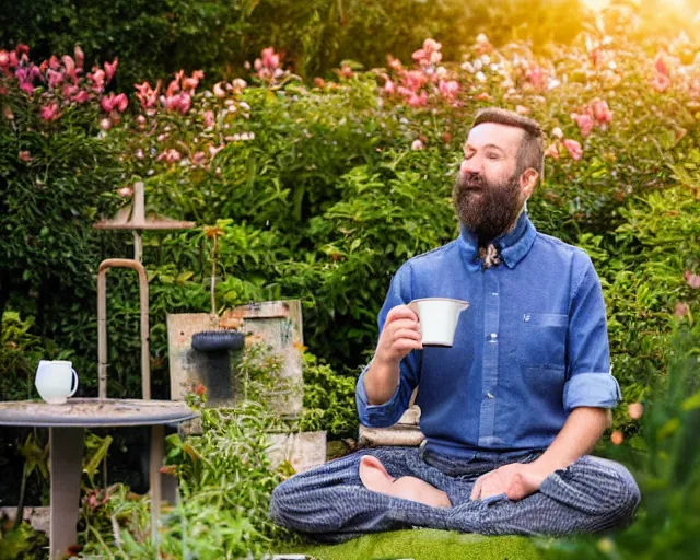 Image similar to mr robert is drinking fresh tea, smoke pot and meditate in a garden from spiral mug, detailed smiled face, short beard, golden hour, red elegant shirt