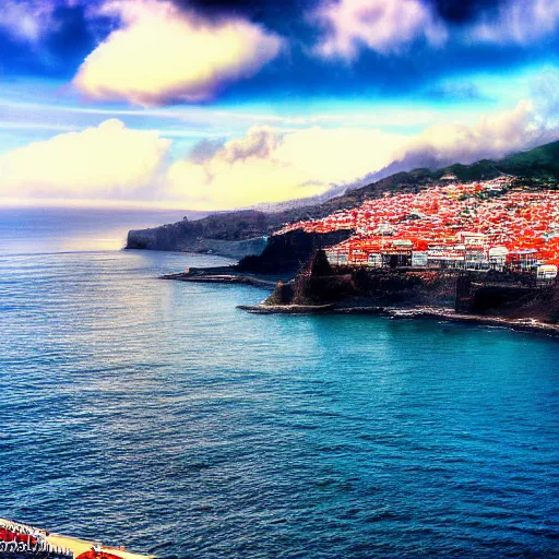 Prompt: madeira island, funchal, the bay, very very wide shot, photo - realism, cinematic shot. photography