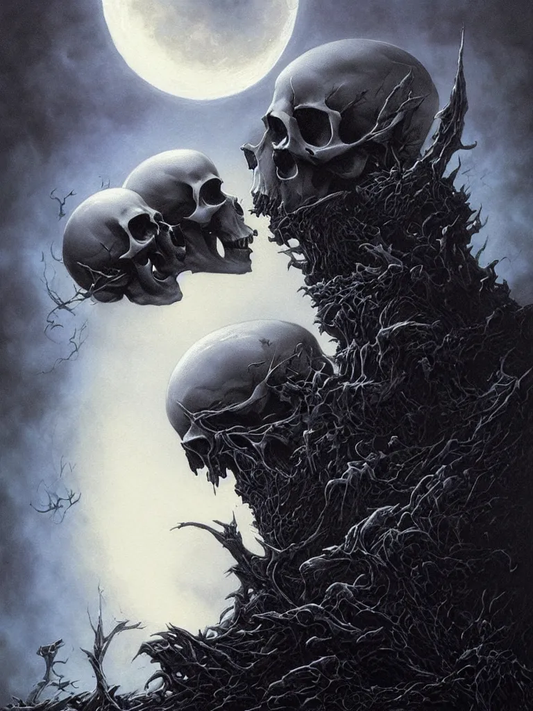 Prompt: 2 skulls kissing, under the moon, magical art portrait covered in black smoke from heaven, abstract, surreal, painted by michael whelan, artgerm, greg rutkowski and luis royo