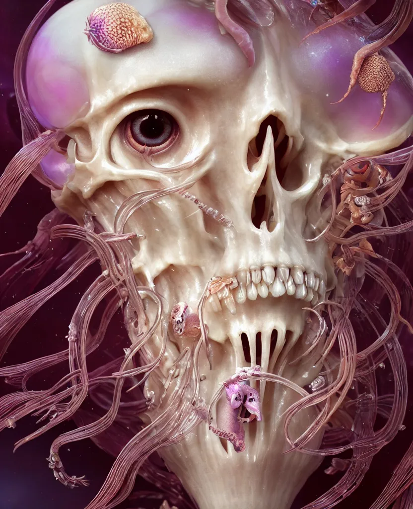 Image similar to goddess princess face close-up portrait ram skull. jellyfish phoenix head, nautilus, orchid, skull, betta fish, bioluminiscent creatures, intricate artwork by Tooth Wu and wlop and beeple. octane render, trending on artstation, greg rutkowski very coherent symmetrical artwork. cinematic, hyper realism, high detail, octane render, 8k