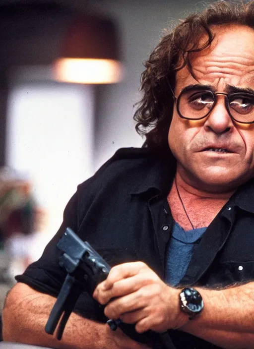 Image similar to film still of Danny DeVito as Martin Riggs in Lethal Weapon, 4k