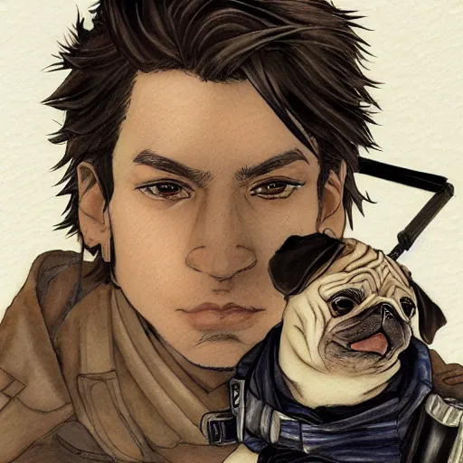 Image similar to self portrait, young white hispanic handsome man with short light brown hair and light skin and a 5 o clock shadow and holding a pug while fighting against 2 swordsmen pencil art, added detail, high definiton, colored, backfacing, illustrated by yoji shinkawa