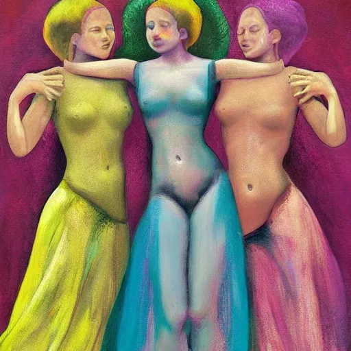 Prompt: The performance art is a beautiful work of art. The three graces are depicted as beautiful young women, each with their own unique charms. The performance art is full of color and life, and the women seem to radiate happiness and joy. by Chris Moore haunting