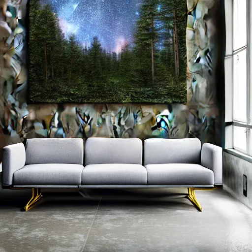 Prompt: sofa couch surrounded by forest landscape with outer space sky photo realism ultra detailed digital art, irina french, heraldo ortega, mandy jurgens, golden ratio, art canvas, award winning, masterpiece trending on artstation 8 k 1 5 0 mpx