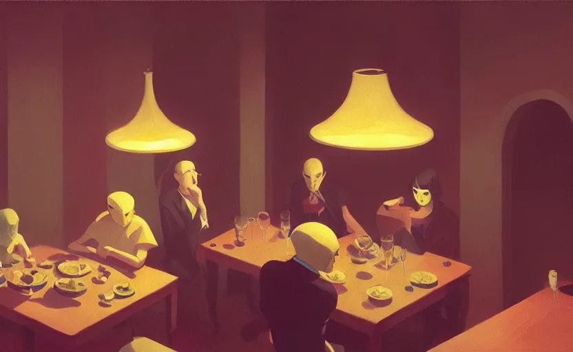 Image similar to a mysterious dinner scene illustration by atey ghailan and escher and edward hopper, surreal