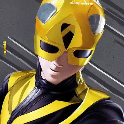 Image similar to symmetry!! portrait, head and body, yellow ranger, thunderbolt shaped eyeshade!!, artstation, art by murata, art by oda echiiro, art by tatsuki fujimoto, lightning helmet, 3 d, jumpsuit, gloves, futuristic poster,