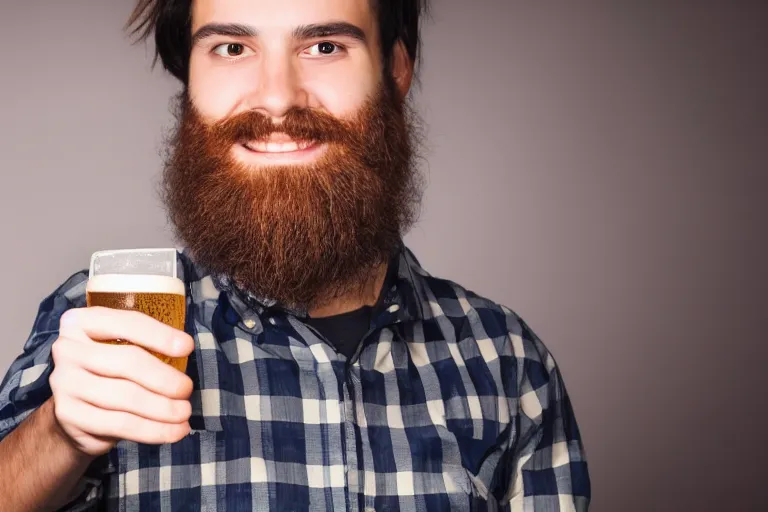 Image similar to a young man holding a beer giving a thumbs up with a long beard, airbrushed, detailed