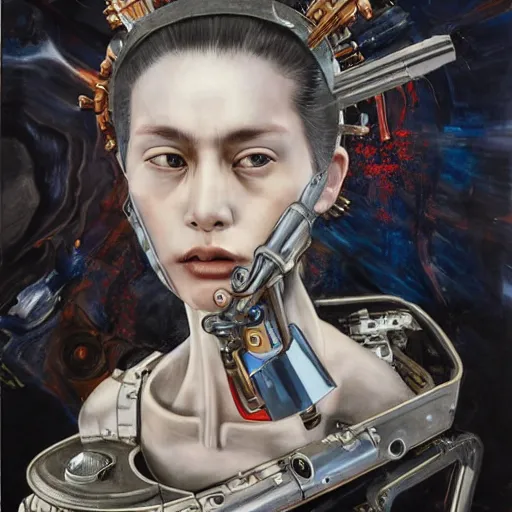 Prompt: 8 k uhd, detailed portrait, high dynamic range, by katsuhiro otomo : ( background = varnished oil paint on black background with pastel paint splashes in background ) + ( subject = queen baroque expressionist cyborg machine goddess + subject detail = very detailed ) painted on a car