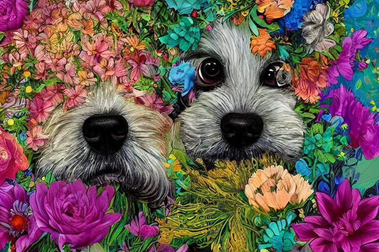 Prompt: a painting of a cute puppy with a lot of flowers and plants on its head, poster art by android jones, behance contest winner, generative art, made of flowers, grotesque, concert poster