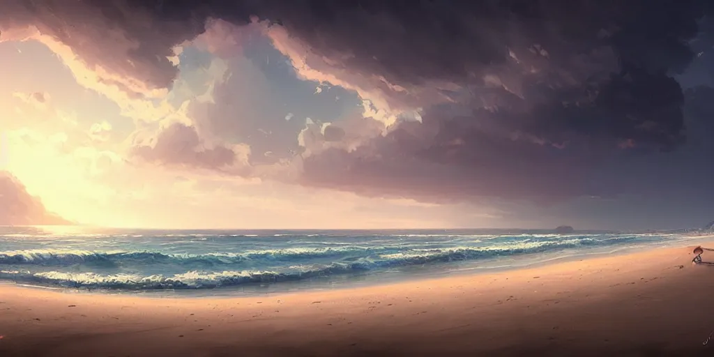 Prompt: landscape of the beach, clouds, day ; detailed illustrations, pastel tones, dark colors, clear lines, by jordan grimmer, huge scene, grass, art greg rutkowski