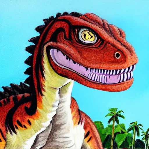 Image similar to dwayne the rock as a velociraptor dinosaur in miami, portrait painting