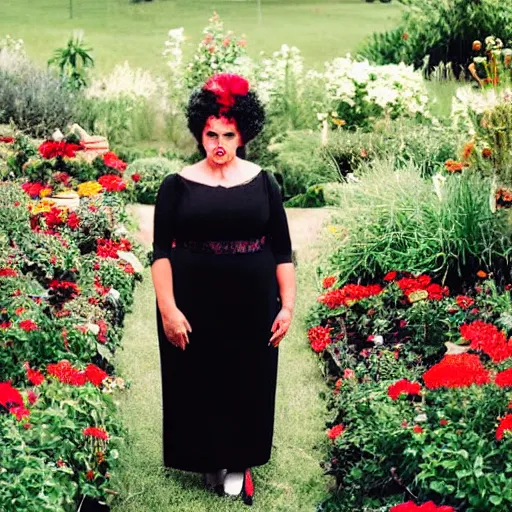 Image similar to A woman standing in a black dress, black and red lips and white hair, she stands in a garden with flowers and birds