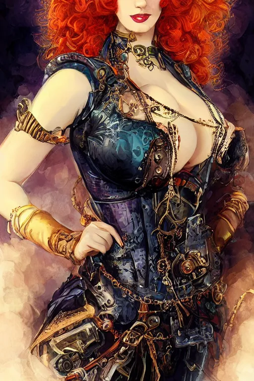 Image similar to three-quarters pose portrait of Christina Hendricks as a sensual Lady Mechanika, very beautiful young woman, ginger wavy hair, Victorian-era push-up underwire. Intricate, steampunk imagery themed, D&D!, fantasy style, sharp focus!, ultra detailed, art by Artgerm and Peter Andrew Jones, WLUP