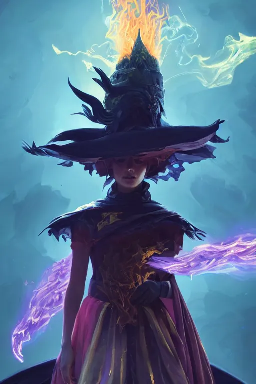 Prompt: a fancy portrait of a beautiful dark magician girl with a large witches hat covered in coloured flames by Greg Rutkowski, Sung Choi, Mitchell Mohrhauser, Maciej Kuciara, Johnson Ting, Maxim Verehin, Peter Konig, final fantasy , mythical, 8k photorealistic, cinematic lighting, HD, high details, atmospheric,