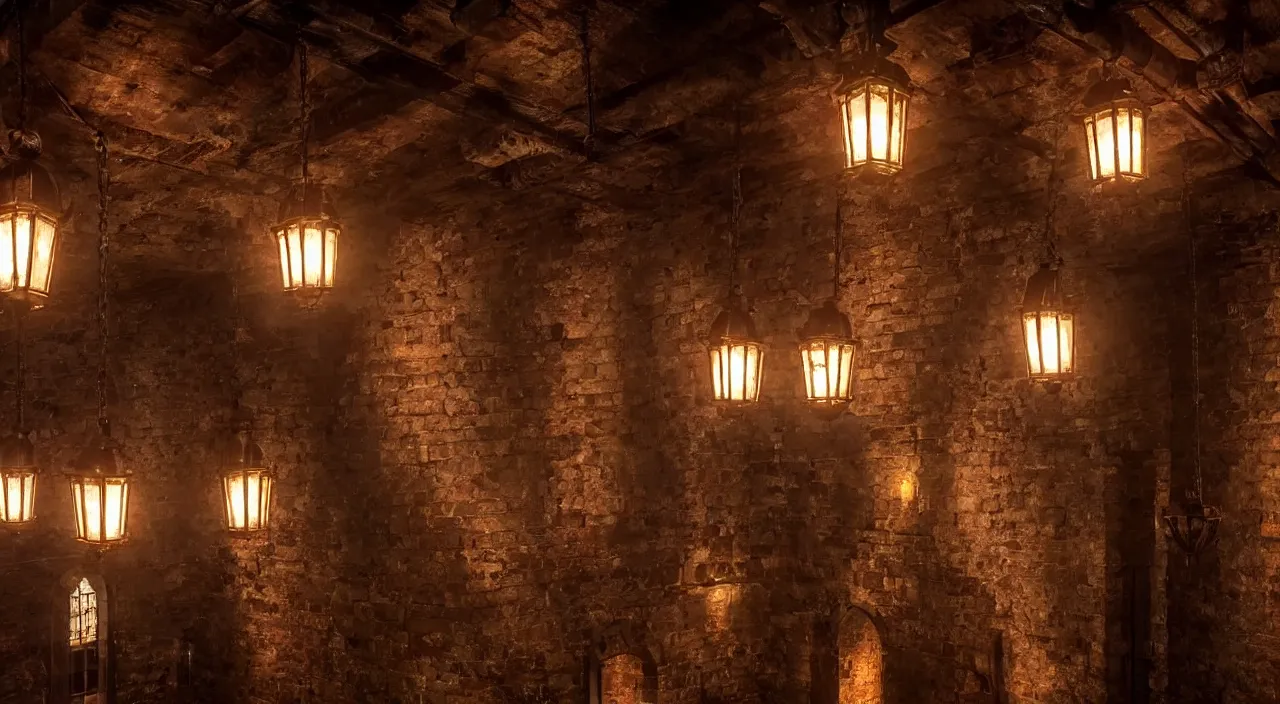 Image similar to long Castle interior wall with iron wrought windows, lanterns hanging from the ceiling in the style of darkest dungeon