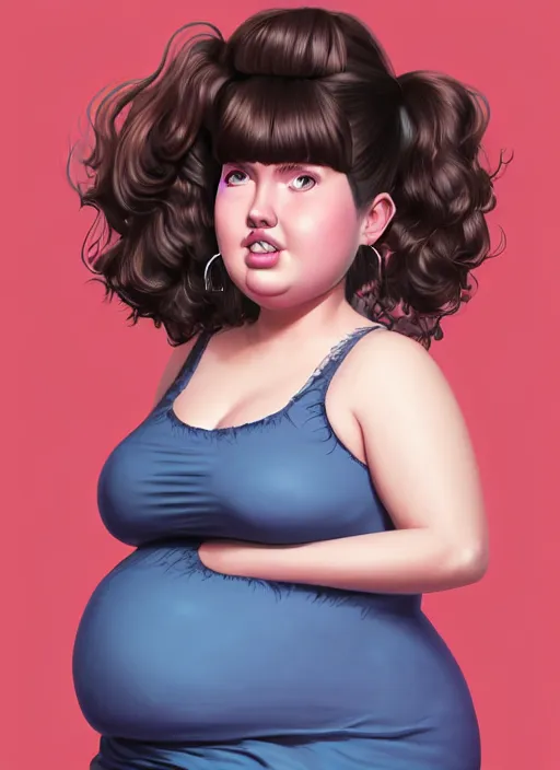 Image similar to full body portrait of teenage betty cooper, obese, bangs, ponytail, sultry, realistic, sultry smirk, ponytail hairstyle, fluffy bangs, curly bangs, skirt, fat, belly, intricate, elegant, highly detailed, digital painting, artstation, concept art, smooth, sharp focus, illustration, art by wlop, mars ravelo and greg rutkowski