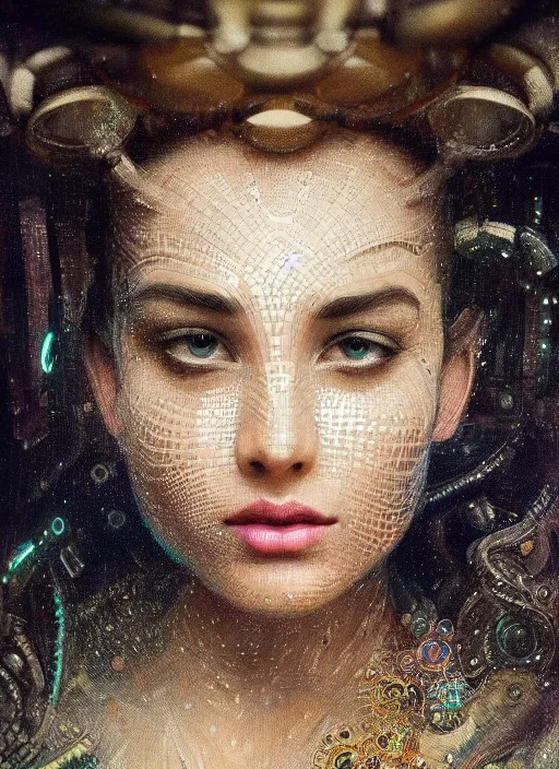 Image similar to a highly detailed photo of very intricate female face portrait, futurism, rococo cyber neon lighting, detailed futuristic fibonacci jewelry, profile posing, hyper photorealistic, trending in pinterest, cinematic, 4 k ultra hd, by denis villeneuve tom anders zorn hans dragan bibin thoma greg rutkowski ismail inceoglu illustrated sand storm alphonse mucha