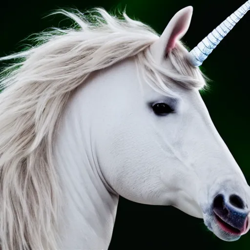 Prompt: a unicorn’s head, close up, realistic photograph