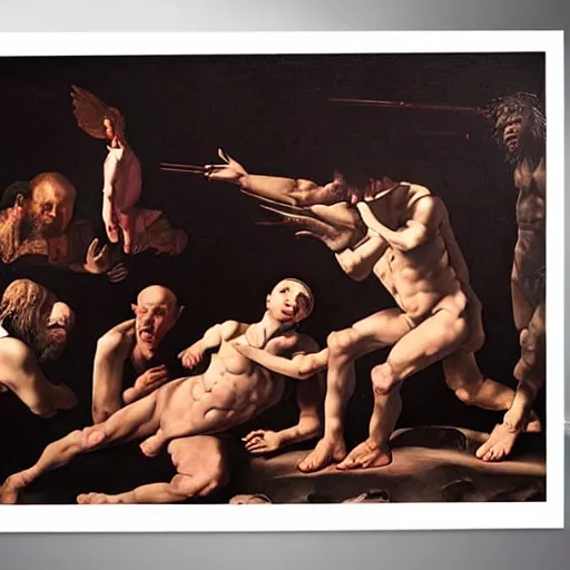 Image similar to the end of man painting with 2 1 savage in the middle apocalypse by caravaggio