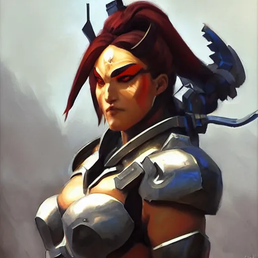 Image similar to greg manchess portrait painting of armored female kratos as overwatch character, medium shot, asymmetrical, profile picture, organic painting, sunny day, matte painting, bold shapes, hard edges, street art, trending on artstation, by huang guangjian and gil elvgren and sachin teng