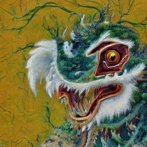 Prompt: an impressionist painting of a Chinese dragon with the face of a barn owl, covered in moss