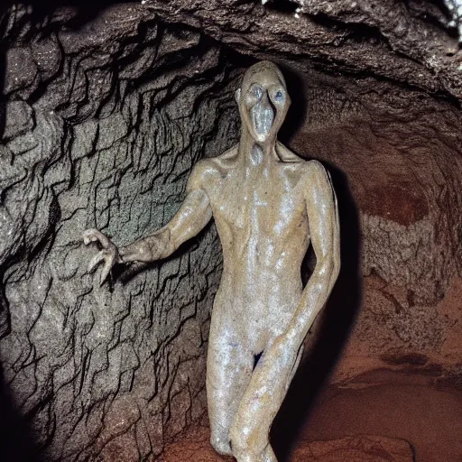 Image similar to found footage of a humanoid made of wet clay emerging from a wall inside of a cave made of wet clay, creepy, flash photography, unsettling, moist, low quality, dark environment, cavern, spelunking