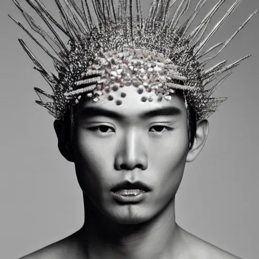 Prompt: a beautiful young male asian model wearing a headpiece made by maiko takeda, photoshot by erwin olaf