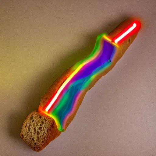 Image similar to an extremely high quality photo of a surreal neon-lightsaber-topaz-sandwich, the polymer clay ((sandwich)) creation, a hybrid mixture of sandwichopallightsaberrainbow and opalrainbowtopazlightsabers, promotional photo, 4k polymer clay food photography