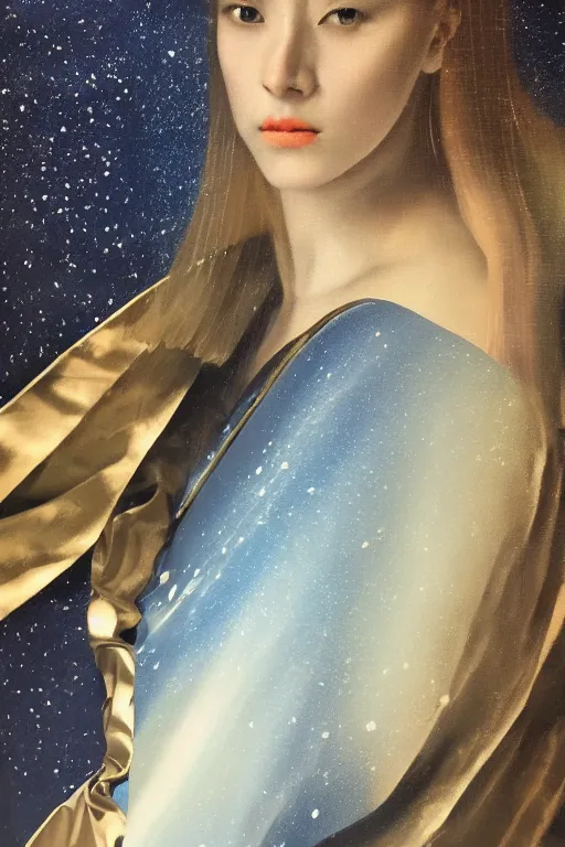 Image similar to hyperrealism oil painting, close-up portrait of medieval fashion model, knight, steel gradient mixed with nebula sky, in style of baroque mixed with 70s japan book art