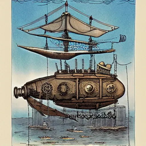 Prompt: a steampunk airship with sails, drawn by Jon Scieszka