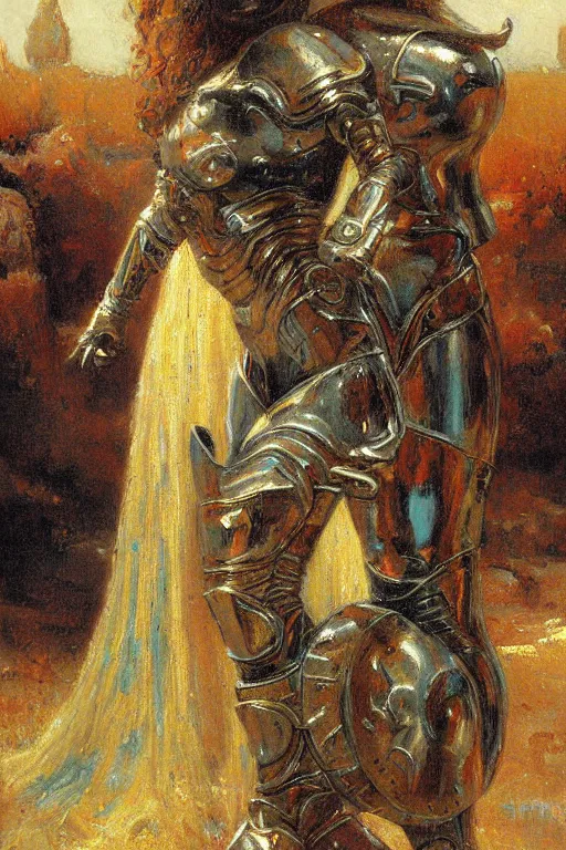 Image similar to full body girl metal armor painting by gaston bussiere