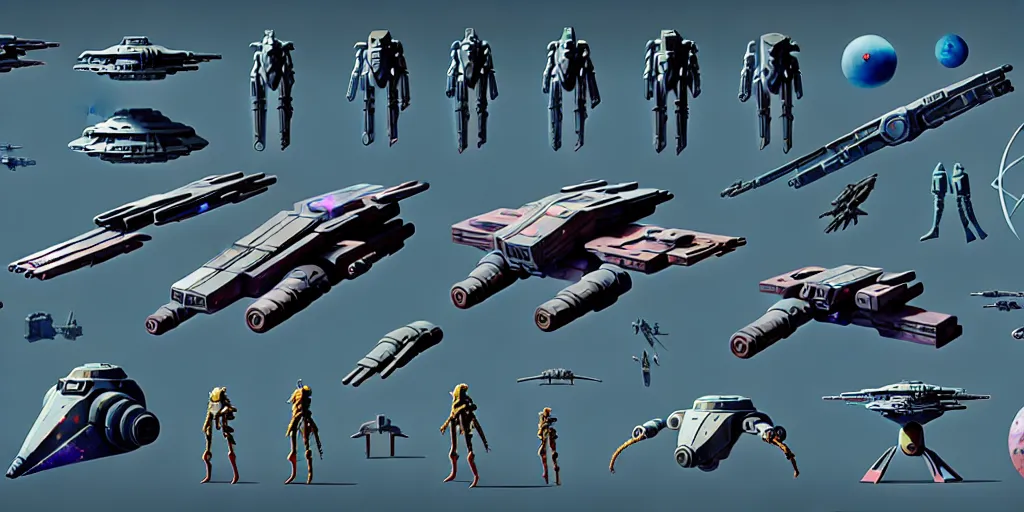 Image similar to collection of futuristic sci - fi props and gadget, items, hard surface, kitbash, parts, exploration of shape and forms, in watercolor gouache detailed paintings, star citizen, modular, pieces, moebius, weapon, guns, destiny, big medium small, insanely details, wes anderson, bungie, star wars, simon stalenhag, no man's sky