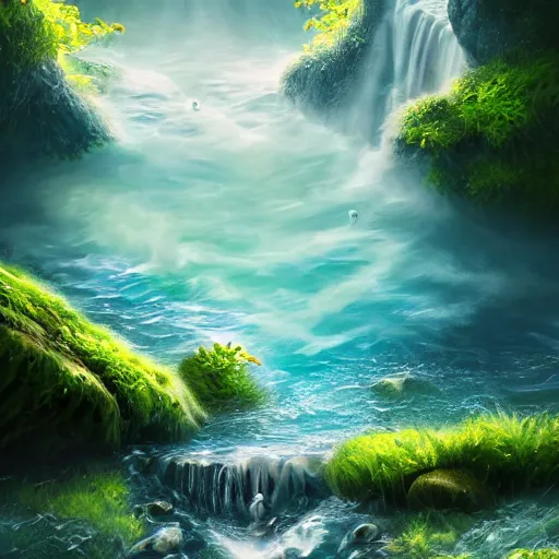 Image similar to water elemental emerges from a placid pool, serene, beautiful, fantasy, majestic, digital art, 8 k, highly detailed