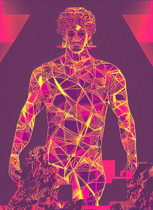 Image similar to black background with subtle red and purple geometric design elements, statue of hercules, nekro, graphic design, collage art, thin lines, dark, glitch art, neo vaporwave, gritty, layout frame, trending on artstation