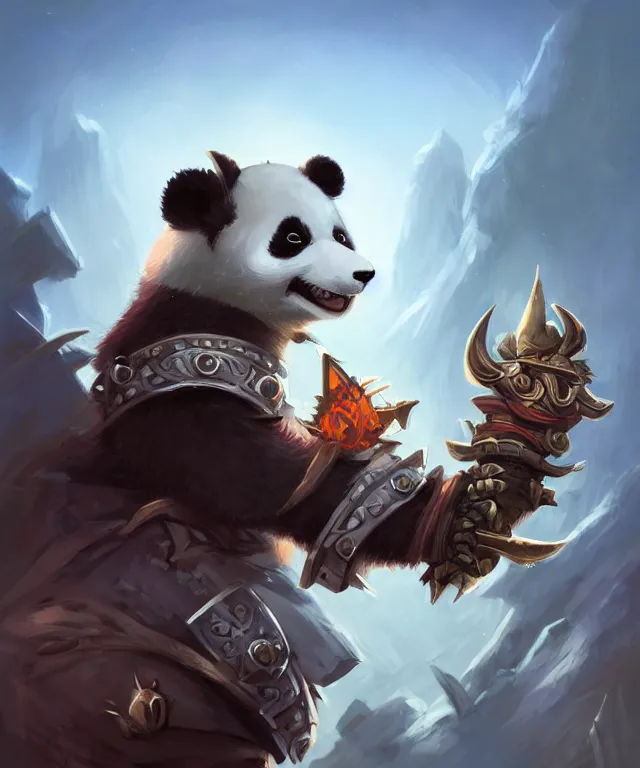 Image similar to a headshot of an anthropomorphic panda samurai, wearing armor with spiked shoulders, small mouse companion, landscape in background, dnd character art portrait, world of warcraft style, by peter mohrbacher, cinematic lighting