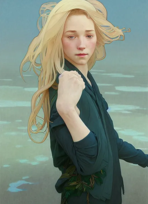 Image similar to pretty young man with shoulder length blond hair, half body shot, path traced, highly detailed, high quality, digital painting, by studio ghibli and alphonse mucha, leesha hannigan, hidari, disney, jules bastien - lepage, art nouveau, martine johanna, android jones, andreas rocha, conrad roset