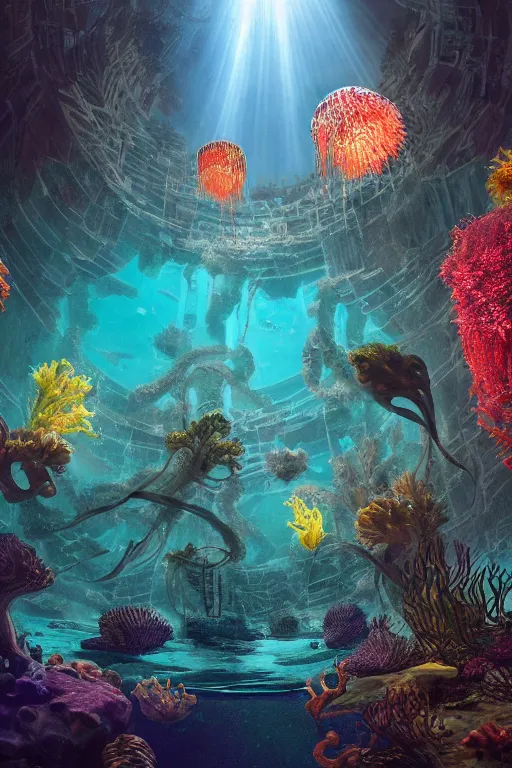 Image similar to hyperrealistic precisionist cinematic underwater dystopian byzantine city ruins with giant bioluminescent multicolor mutant plants and cyborg jellyfish, digital art masterpiece, aykut aydogdu eric zener, very dramatic volumetric light, long shot, ground angle uhd 8 k, deep focus