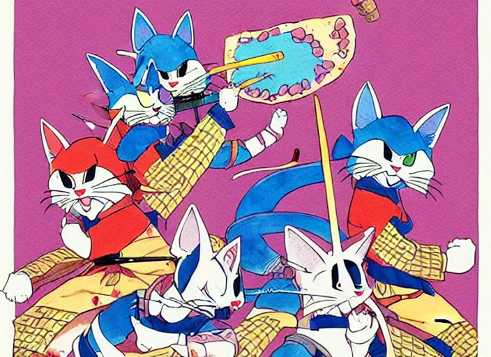 Prompt: samurai pizza cats, ink and watercolor illustration masterpiece, perfectly realistic yet surreal, by ryan ottley and mœbius