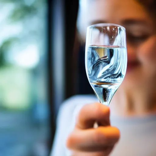 Prompt: close - up of a glass of water held by a young teenage girl with brown hair from behind in a modern kitchen, macro, depth field, blur, 8 5 mm