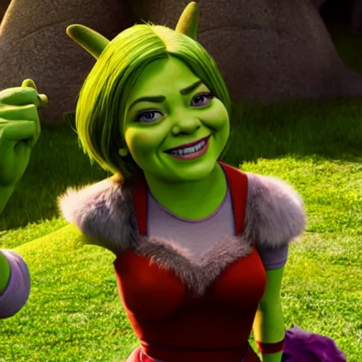 Prompt: Emma Stone as a female Shrek, Shrek features, fully detailed, high quality , 4k , octane render , soft lightening , masterpiece