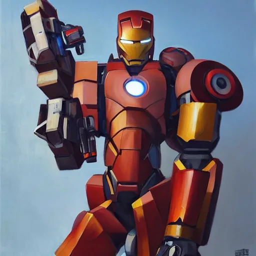 Image similar to greg manchess portrait painting of armed mecha ironman as overwatch character, medium shot, asymmetrical, profile picture, organic painting, sunny day, matte painting, bold shapes, hard edges, street art, trending on artstation, by huang guangjian and gil elvgren and sachin teng